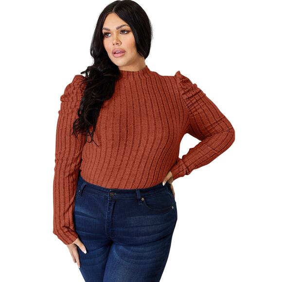 BASIC BAE Plus Rust Ribbed Mock Turtleneck Puff Sleeve Stretchy Top NEW - Picture 1 of 8